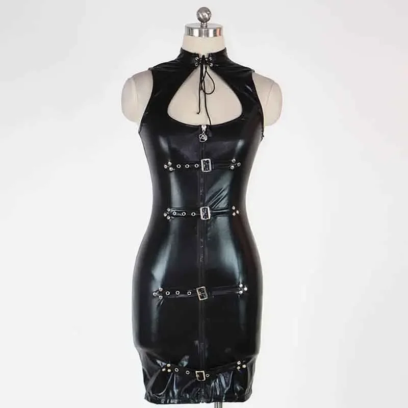 Women's Clothing Sexy Hollow Out Black Vinyl Leather Dress Vestido Punk Rock Bodycon Turtleneck Party Dress Nightclub Dress Robe