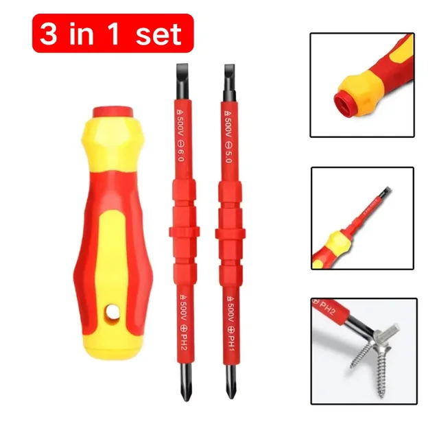 Kit de Chaves de Fenda Isoladas 3 em 1 para Eletricistas com Lâminas Magnéticas Intercambiáveis – PH1/PH2, Fenda, Ponta Cruzada – Ferramenta Multiuso