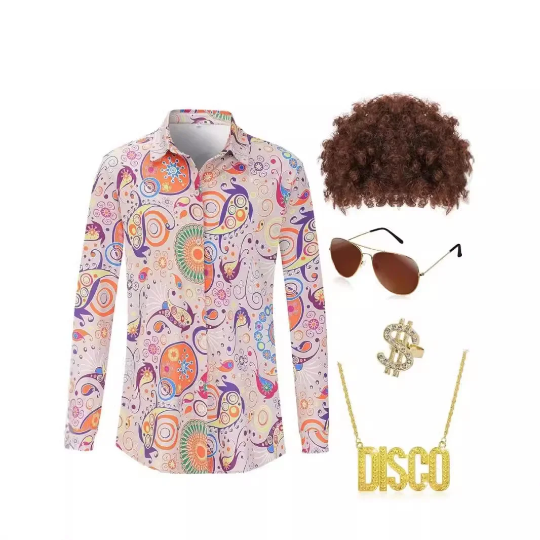 Loween Disco Hippie للرجال السبعينيات خمر الأزهار irt الوقوف صالح مطبوعة البوليستر طويل Sve Cleanfit طوق Ciwalk Co...