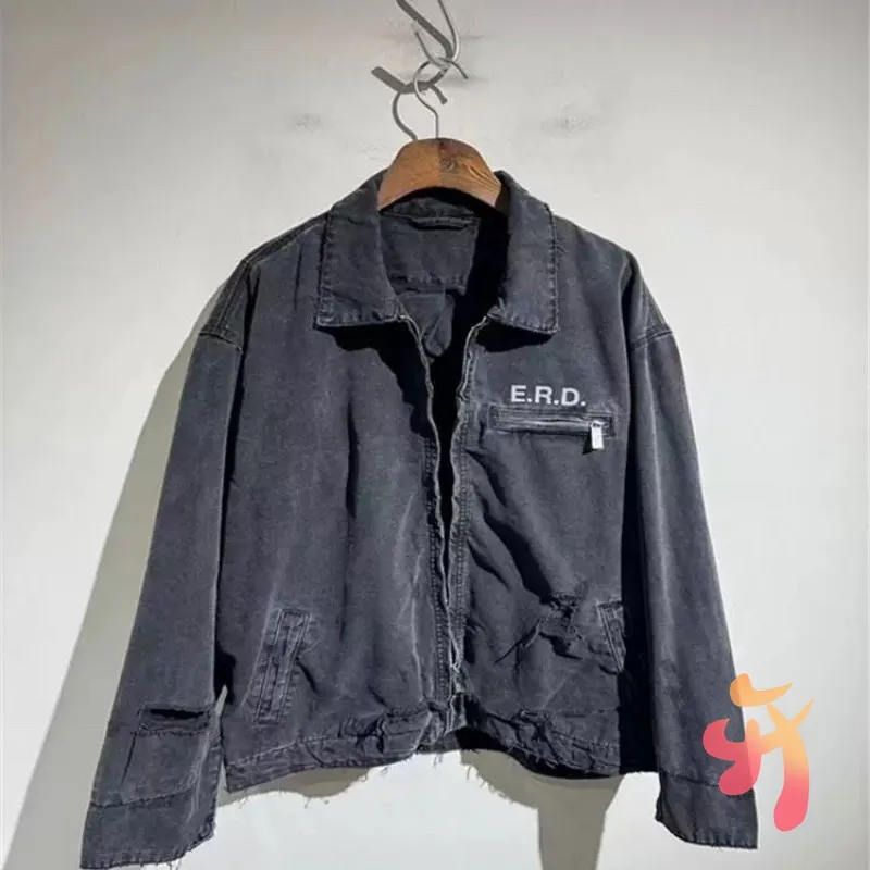 American ERD Jacket Retro Scratch Hole Black Alphabet Couple Illustration Print Workwear Coats Men Women Canvas Denim Jacket