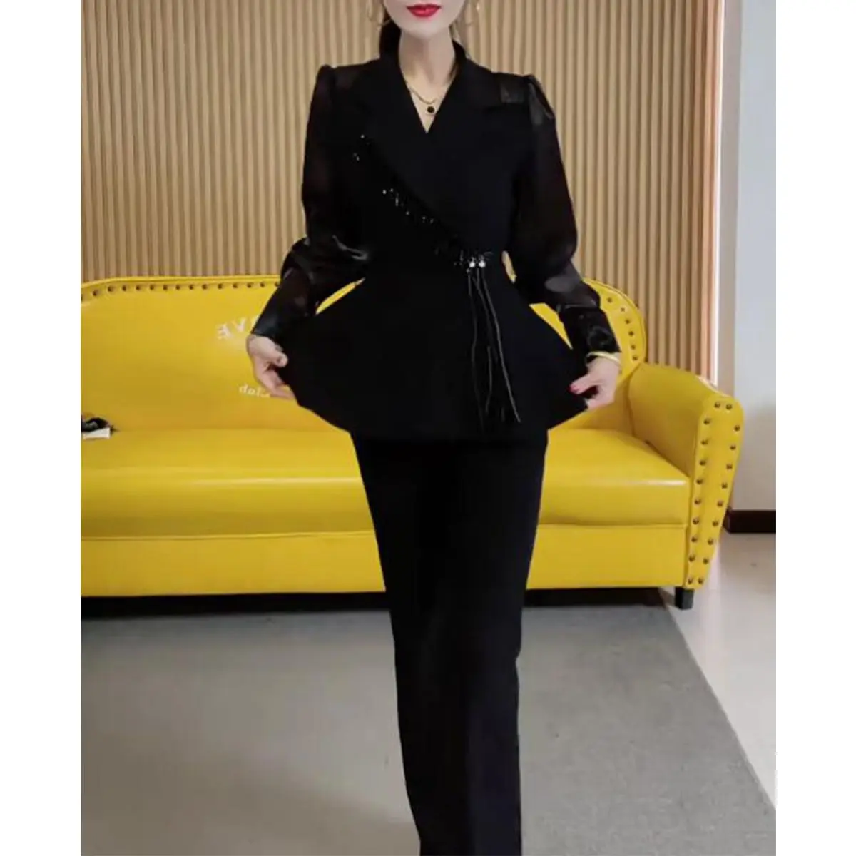 Spring 2025 New Fashion Foreign Style Suit Femininity Skinny Splicing Bubble Sleeve Top Pants Two-piece Set Lady Summer Suits