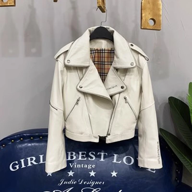 Imagem -02 - Cabolsa Motociclista de Couro Genuíno para Mulheres Streetwear Solto Gola de Corte Jaquetas de Motocicleta Outerwear Feminino Outono e Inverno