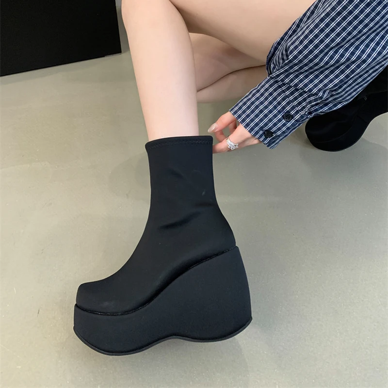 10cm Wysokie obcasy Platforma Buty na koturnie Czarny Lycra Chunky Shoes Damskie buty za kostkę Jesienne krótkie buty Punk Botines Taco Alto Mujer