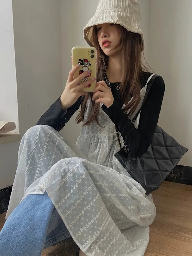 

Korean Style Lace Trim Camisole Dress Women's Mid-Length Mesh Skirt Curtain Cover up Spring New Design Sensation White Dress