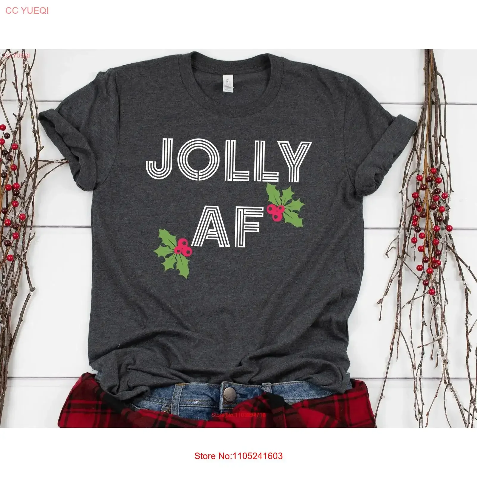Camiseta Jolly AF, divertida camiseta navideña con cita de Papá Noel, traje festivo con viscosa, diseño vintage lavado de elfos y duendes, suave