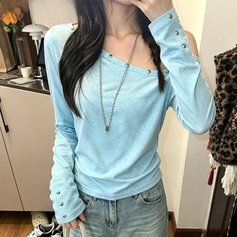 Y2k Women T Shirt Off Shoulder Top Long Sleeve Studded Blue Asymmetrical Ropa Mujer Slim Fit Elegant Early Autumn Casual Tee