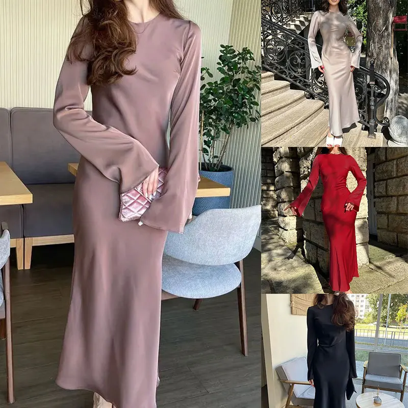 

Summer New Women's Clothing Temperament Pure Color Long Sleeve round Neck Waist Trimming Sheath French Dress