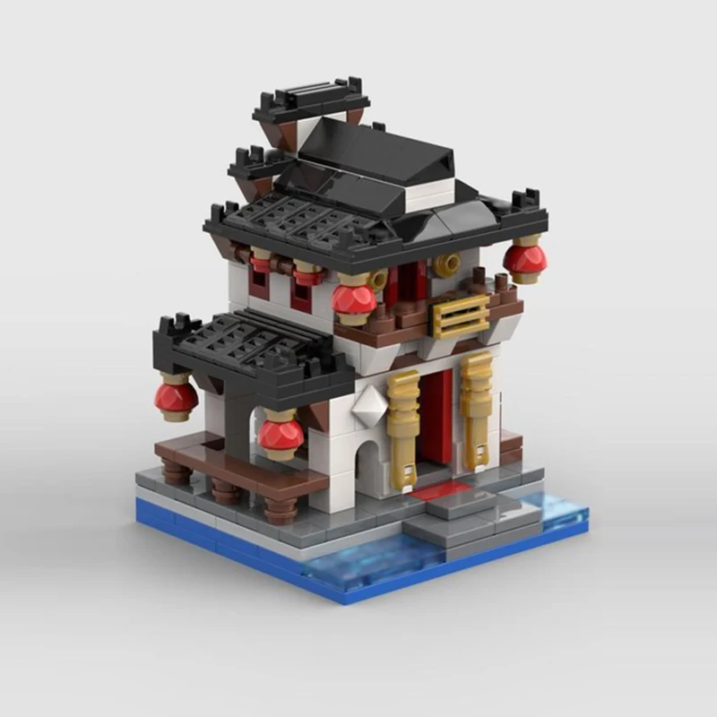 Street View Model MOC Building Bricks Asian Teahouse Architecture Modular Technology Children Holiday Gifts Assemble Toys Suit
