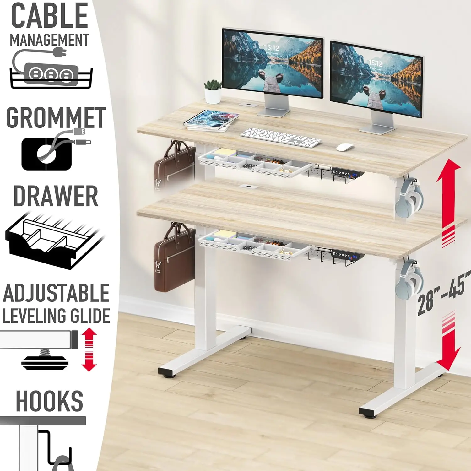 55 x 28 Inches Electric Height Adjustable Standing Desk with Drawer and Memory Preset, Maple