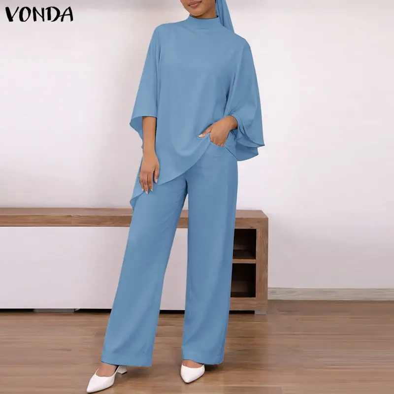

Модные женские комплекты больших размеров VONDA, летние однотонные комплекты из двух предметов, топы с рукавами 3/4, широкие брюки, женские брючные комплекты для работы OL