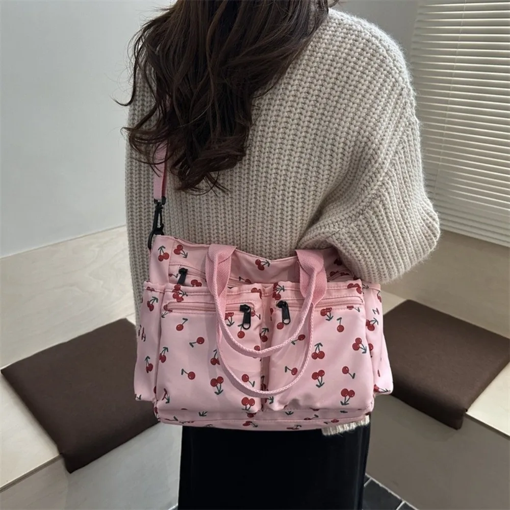 Casual Large Capacity Tote Bag Multi-Pocket Cherry Print Crossbody Bag Adjustable Strap Waterproof Shopping Bag