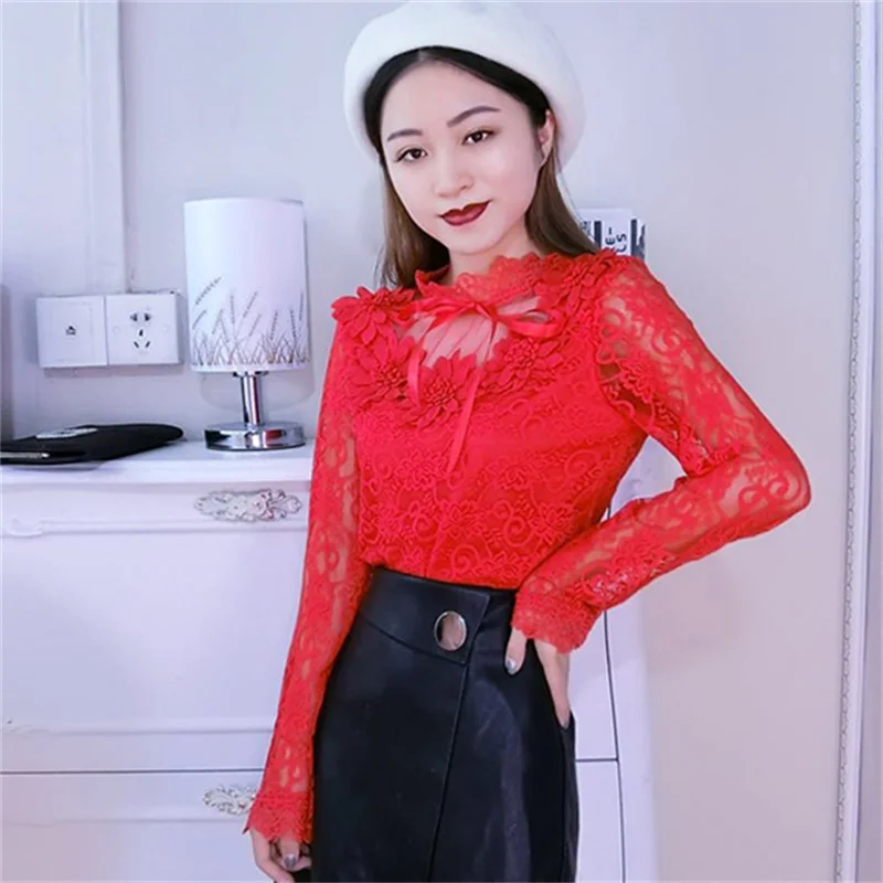 Spring Summer Long Sleeve Tie Bow Mesh Shirt Women Sweet Floral Lace Blouse Female Casual Slim Bottom Blouses Blusas Short Tops