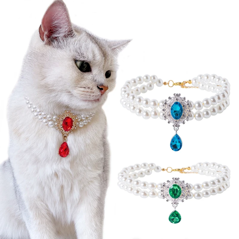 2 Rows Pet Pearls Collar Adjustable Puppy Dog Rhinestone Jewelry Necklaces with Luxury Crystal Accessories for Small Dogs Cats