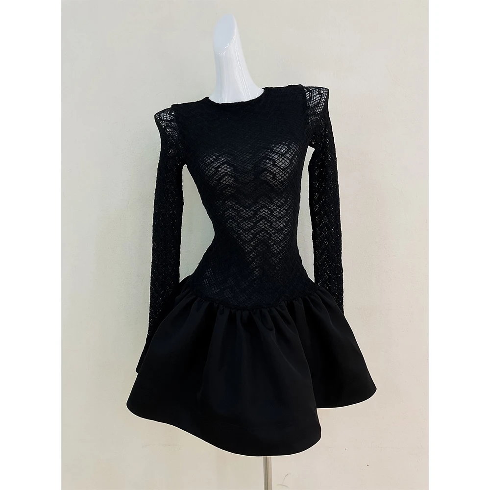 French Hepburn style round neck dress 2024 early autumn new senior sense of temperament waist long-sleeved skirt