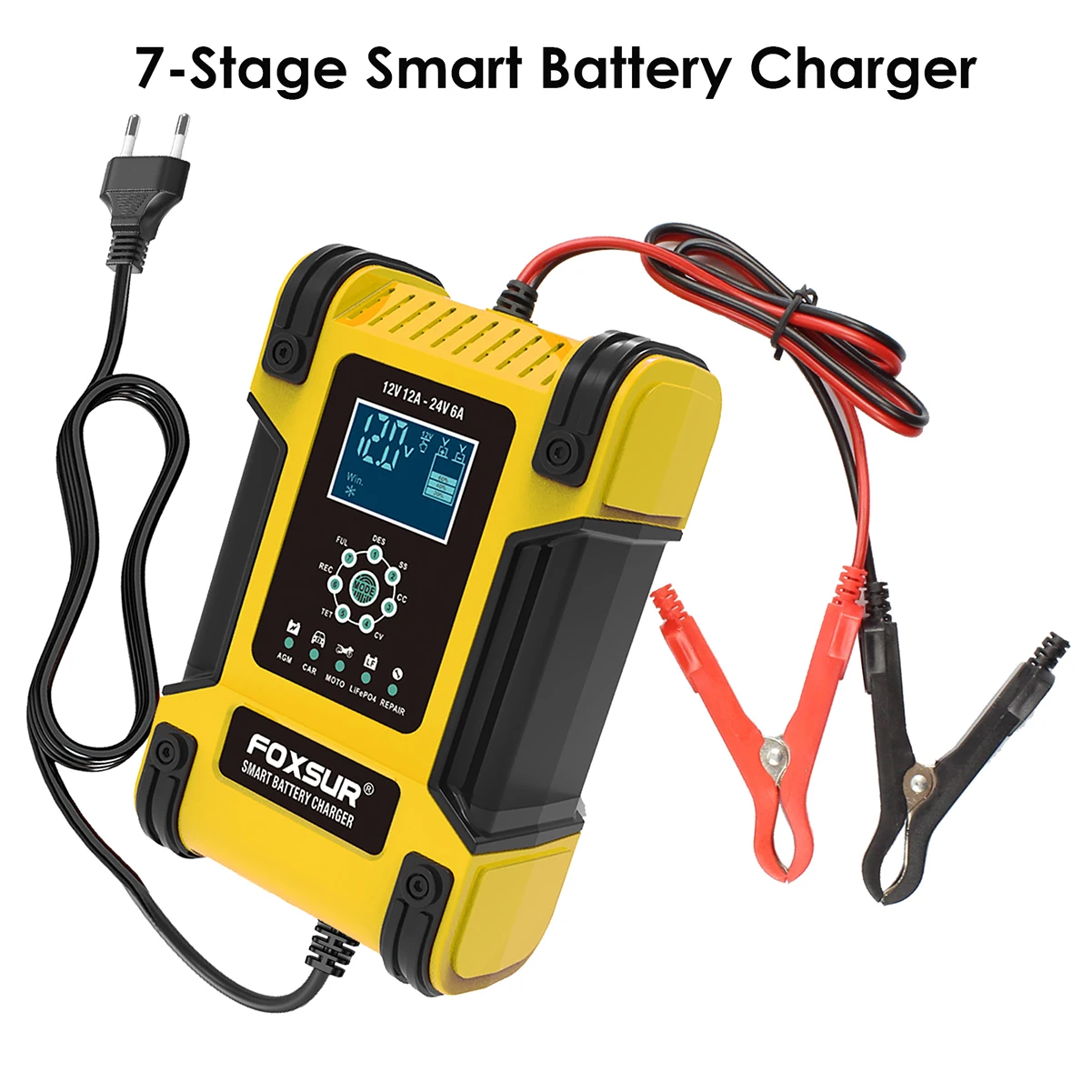 

FOXSUR 12A Trickle Charger 12V&24V Car Motorcycle Trucks Battery Charger AGM Intellicharger/Maintainer for LiFePo4,Lead Acid