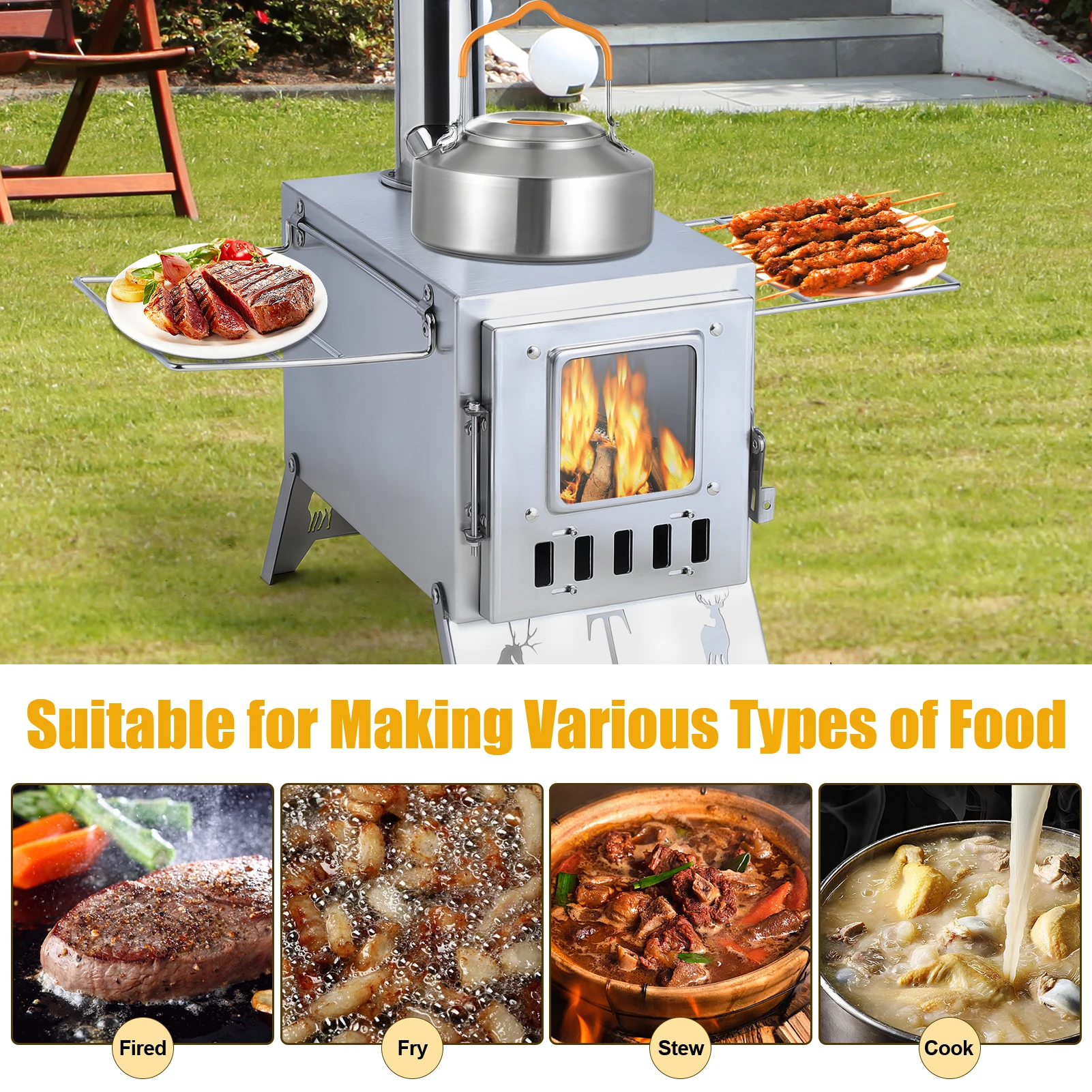 Large Firebox Stainless Steel Tent Stove, Wood Burning Heating Cooking Stove with 5 Pipes Visible Window for Camping Ice Fishing