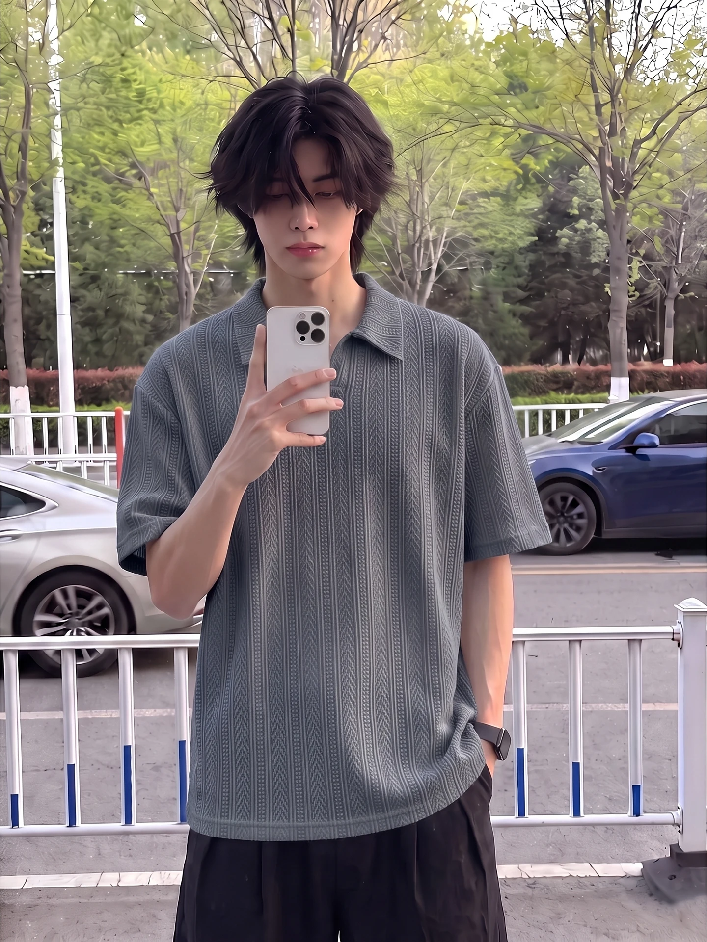 Olive Green Wheat Ear Pattern  Shirt Short Sleeve Men Summer Old Money Style Shoulder T-Shirt Half Sleeve Flip Collar T-S...