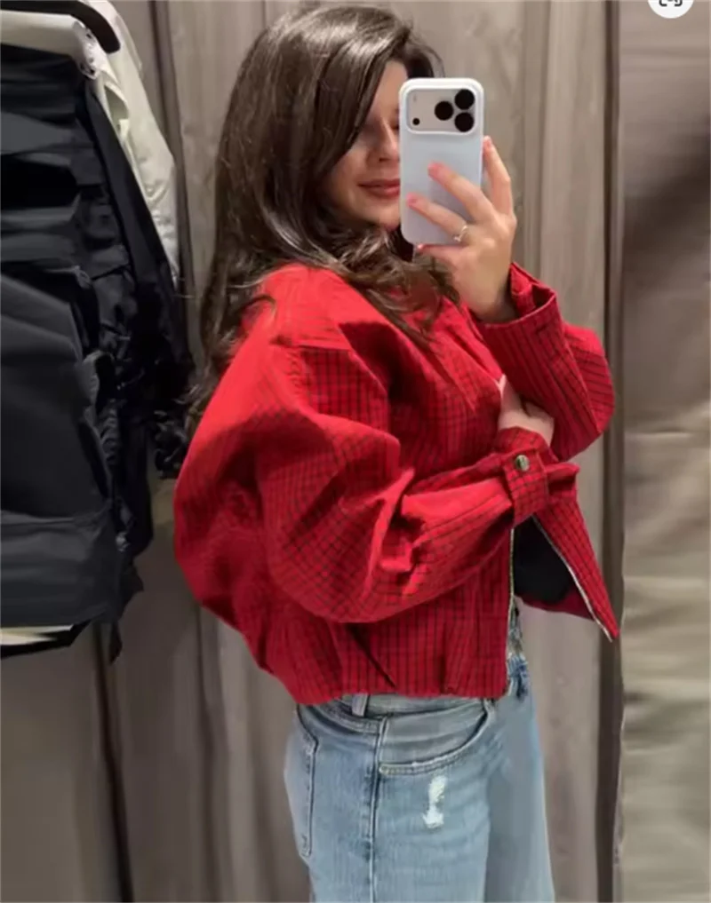 Guobioziy 2026 Autumn New Women's Jacket Red Plaid Long-Sleeve Loose Jacket Parka Personalized Fashion
