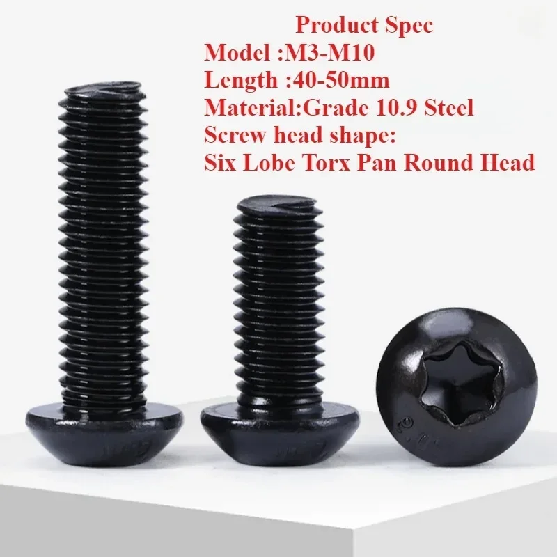 M3/M4/M5/M6/M8/M10 Black Grade 10.9 Steel Torx Button Head Screw Six Lobe Torx Pan Round Head Bolt Length 4mm~50mm