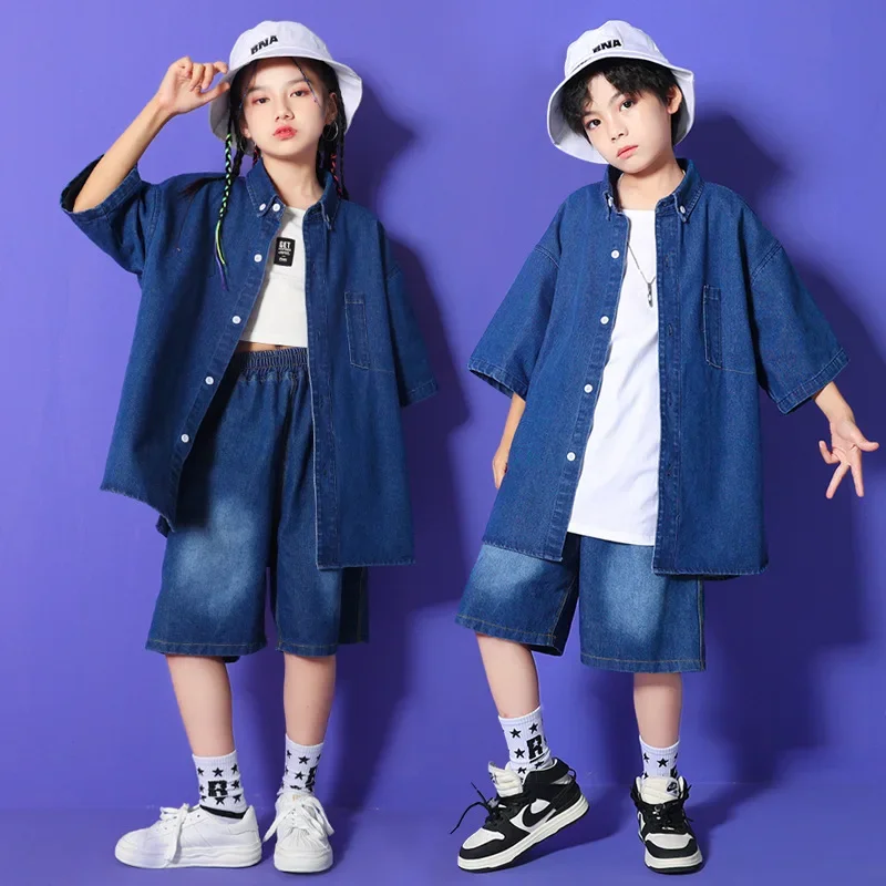 Summer Kids Boys Girls Streetwear Fashion Hip Hop Loose Denim Short Sleeve Shirts Shorts Jeans Sets Children Stage Dance Clothes