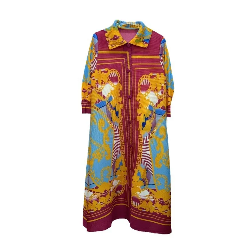 Top qualité ISSEYS MIYAKES pressé plissé col montant robe élégante automne et été maigre style vintage robes imprimées