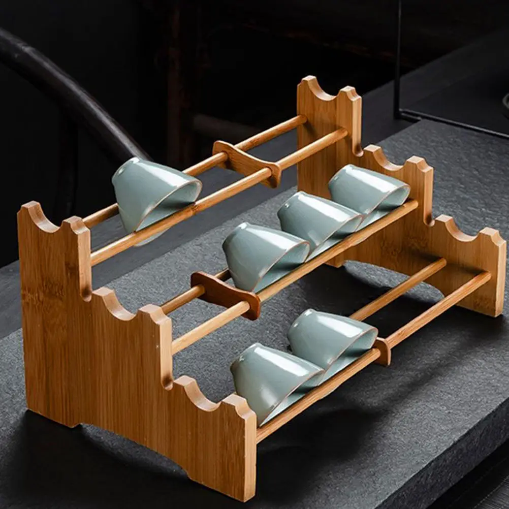 Bamboo Tea Cup Storage Rack with Drain Design Protective Desktop Teacup Organizer for Home Office Tea Room Meeting Space