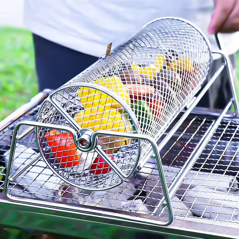 Stainless Steel BBQ Grill Basket Rotisserie Rolling Mesh Cage For Roasting Barbecue Grill Accessory For Even Cooking