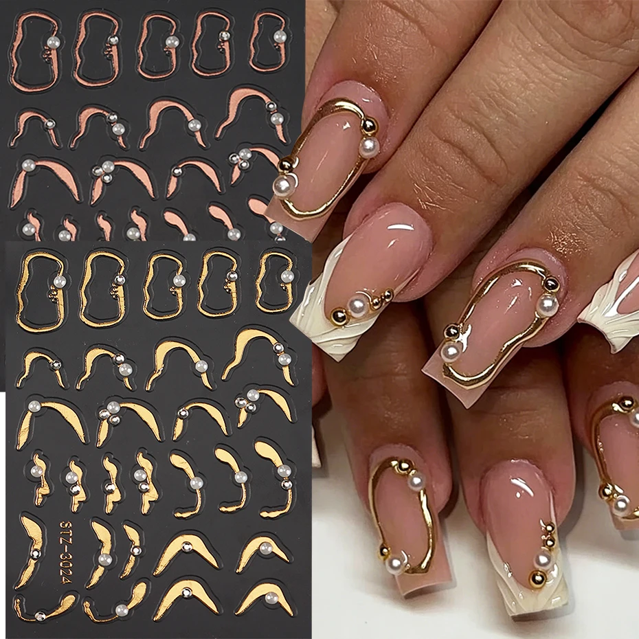 1 Stück Goldener Roségold Metallring Französische Spitzen Nagelkunst-Aufkleber Metallring mit Weißem Perlendesign Y2K Charm Nagelkunst-Dekor