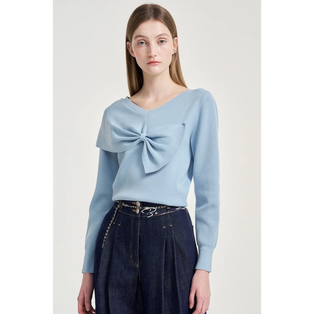 

Sweet Knot Knitted Woolen Sweater V Ne Elastic Commute Versatile Small irt Korean Sle Long Sve Regular Length