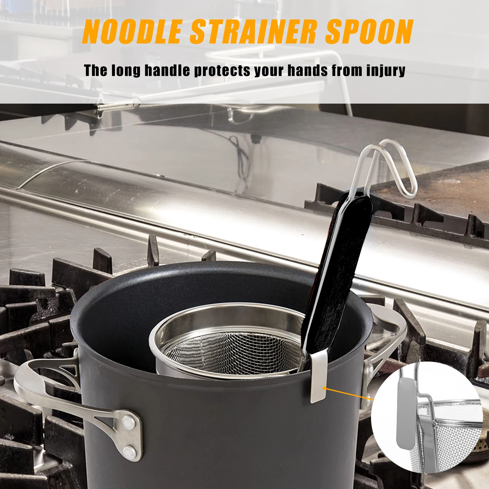 

Noodle Colander Strainer Stainless Steel Home Restaurant Hotel Long Handle Hooks Stainless Steel Colander Storage