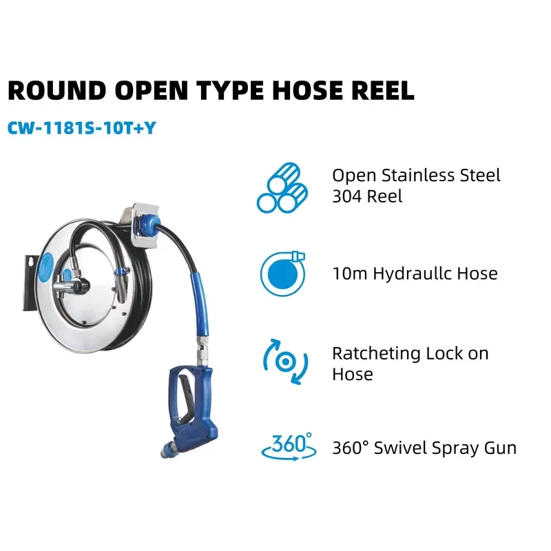 Stainless Steel Hose Reel with Swing Bracket Double Temperature Check Valve Open Hose Reel
