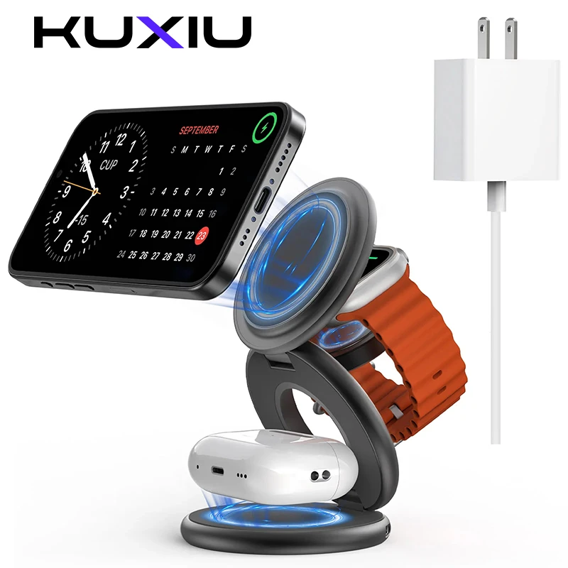 KUXIU X63 3 in 1 Wireless Charger Stand For iPhone 12 13 14 15 16 Pro/Max/Plus,Apple Watch 9 8 7 6,AirPods2 3,Fast Charger Stion