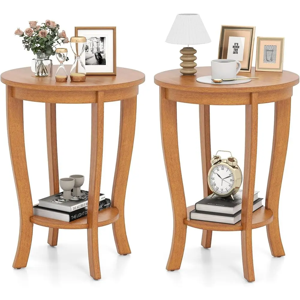 

Ретро-комплект из 2-х приставных столиков с полкой для хранения и ножками из массива дерева, 24,5-дюймовый светло-коричневый акцентный приставной столик для небольших помещений