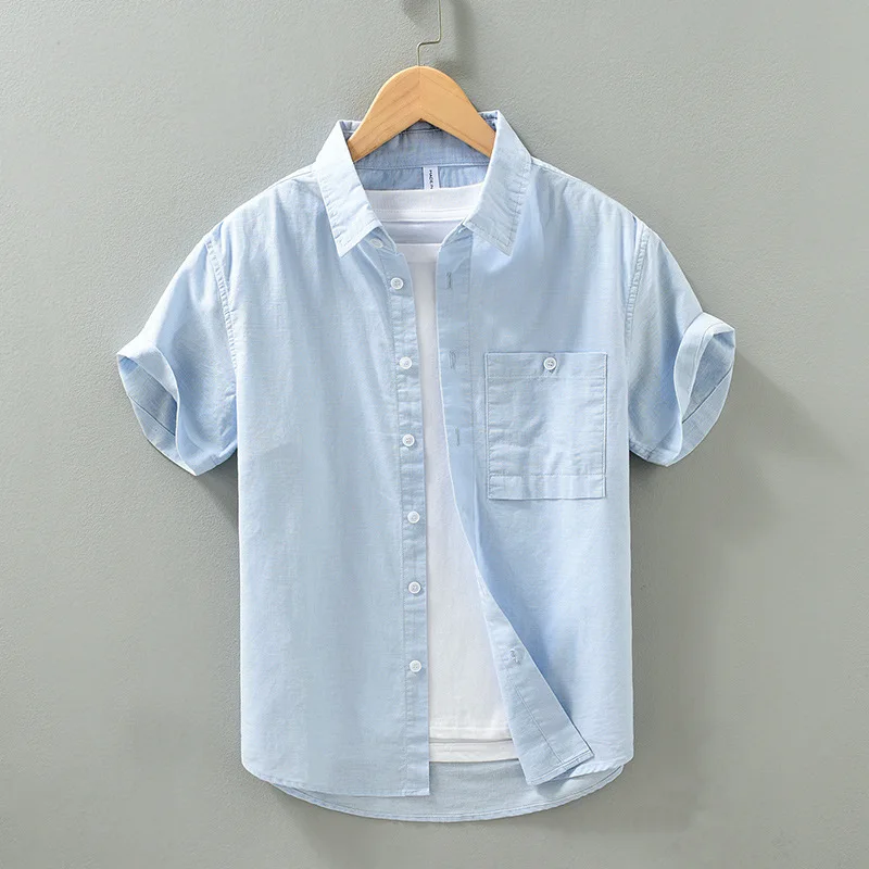 

Natural Hemp Linen Men's Casual Shirt Breathable Thin Short Sleeve Square Collar Summer Fashion Lightweight Pure Color Top