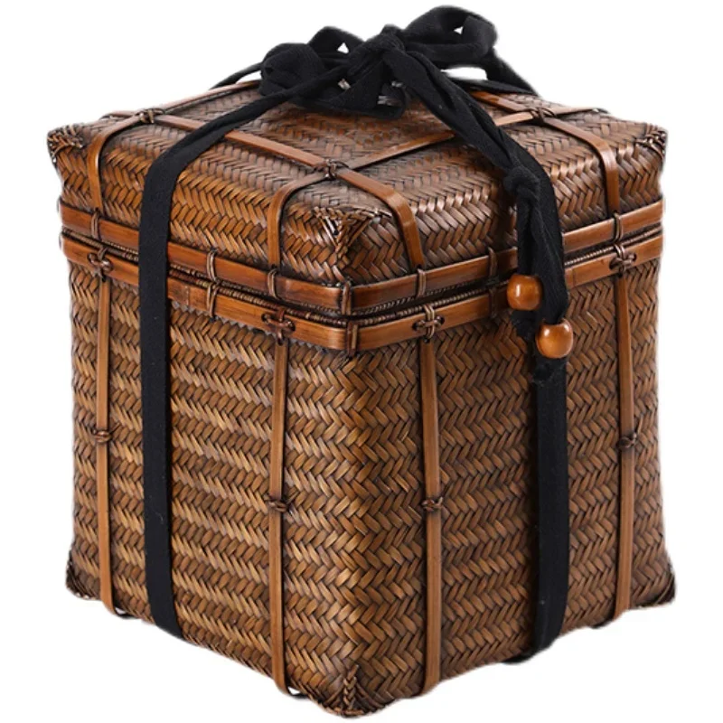 Chinese Bamboo Weaving Square Storage Box For Old Tea Cage Tea Ceremony Accessories Portable Spring Outing Picnic Basket