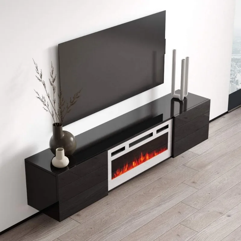 Cali WH-EF-Soporte de TV para chimenea flotante, centro de entretenimiento moderno de alto brillo de 72 pulgadas, montado en la pared, eléctrico