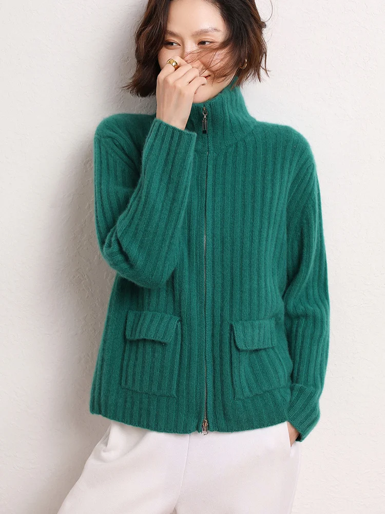 Long Sleeve Cardigan  New Fashion Women Sweater 100% Pure Cashmere Tops Half High Collar Jerseys Thick Autumn Winter Knitwear