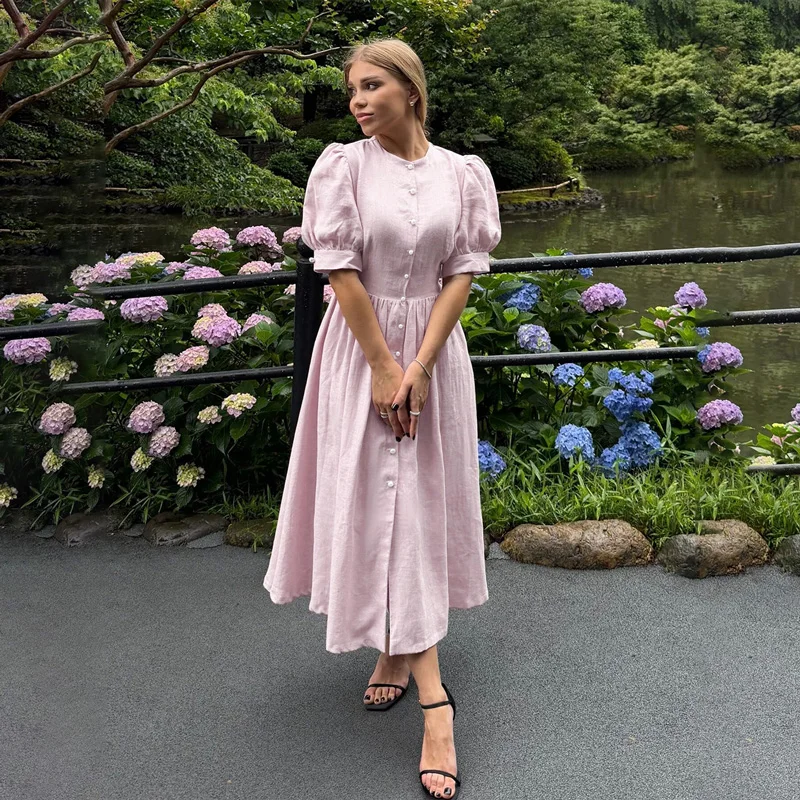 Puff Sleeve Midi Dress Round Neck Button Down Empire Waist Summer Casual Soft Cotton Gathered Skirt Solid Color Dress 2026