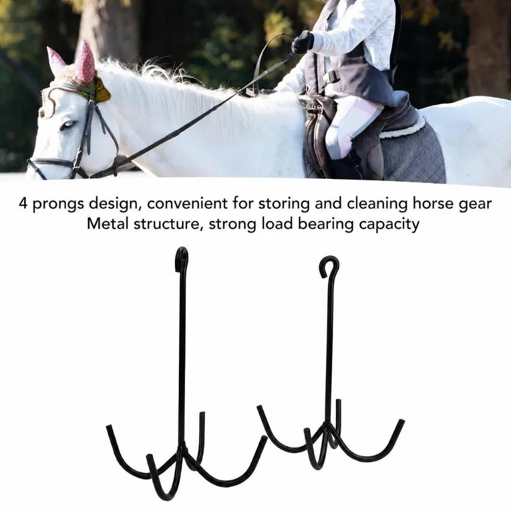 2pcs Sturdy Iron 4 Prong Tack Hooks Durable Black Horse Tack Hanger Load Bearing Easy Installation Bridle Hooks Barns