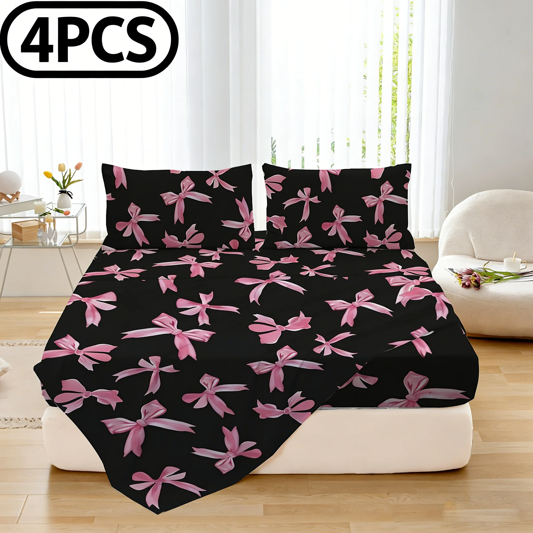4pcs Sweet & Cool Black Pink Bow Bed Sheet Set (1 Fitted Sheet + 1 Flat Sheet + 2 Pillowcases, No Pillow Inserts)