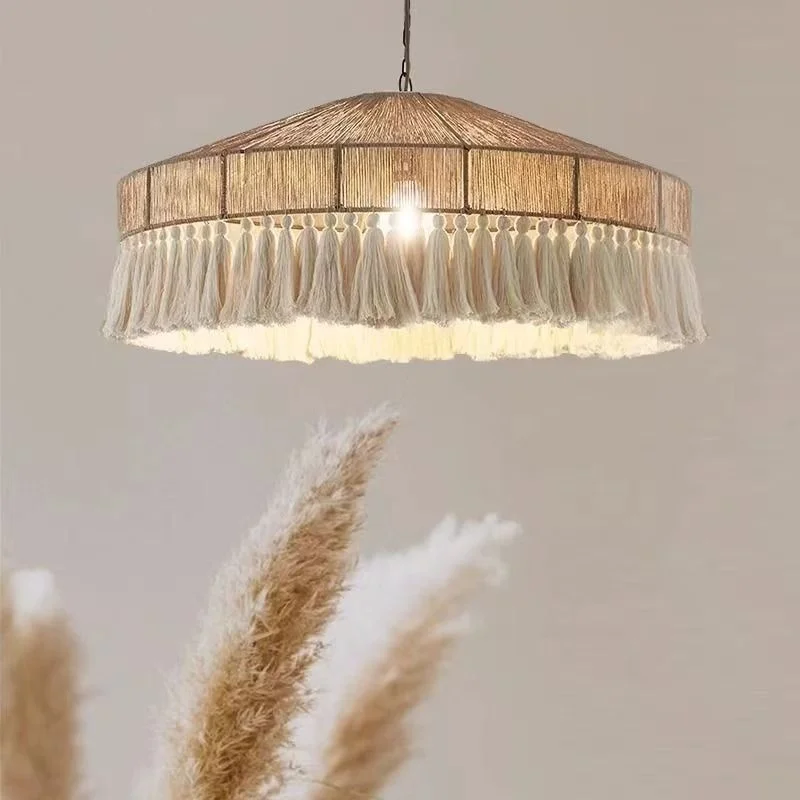 Retro Hemp Rope Tassel Pendant Lamp Cream Style Simple Luxurious Creative Ceiling Light For Bedroom