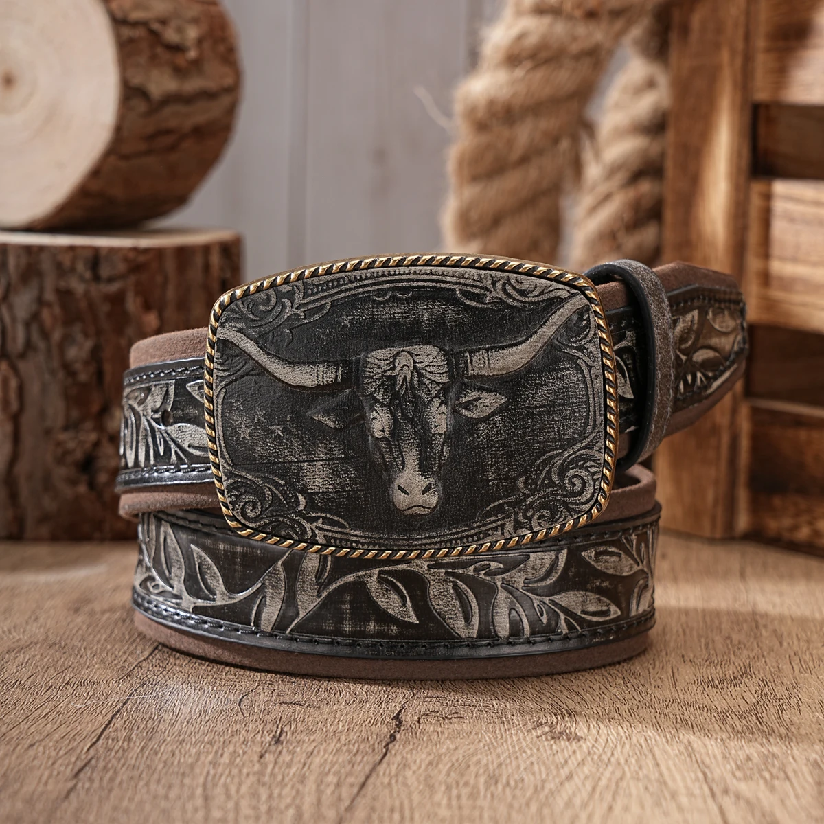 A men's retro western-style belt with PU leather embossed and distressed design, and metal patch fastening