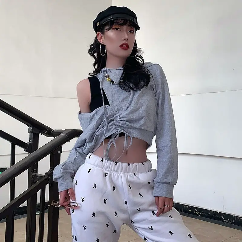 Gray Drawstring Off-shoulder Hooded Sweatshirt for Women Slim Short Belly Button Exposed Loose Sexy Top Trendy