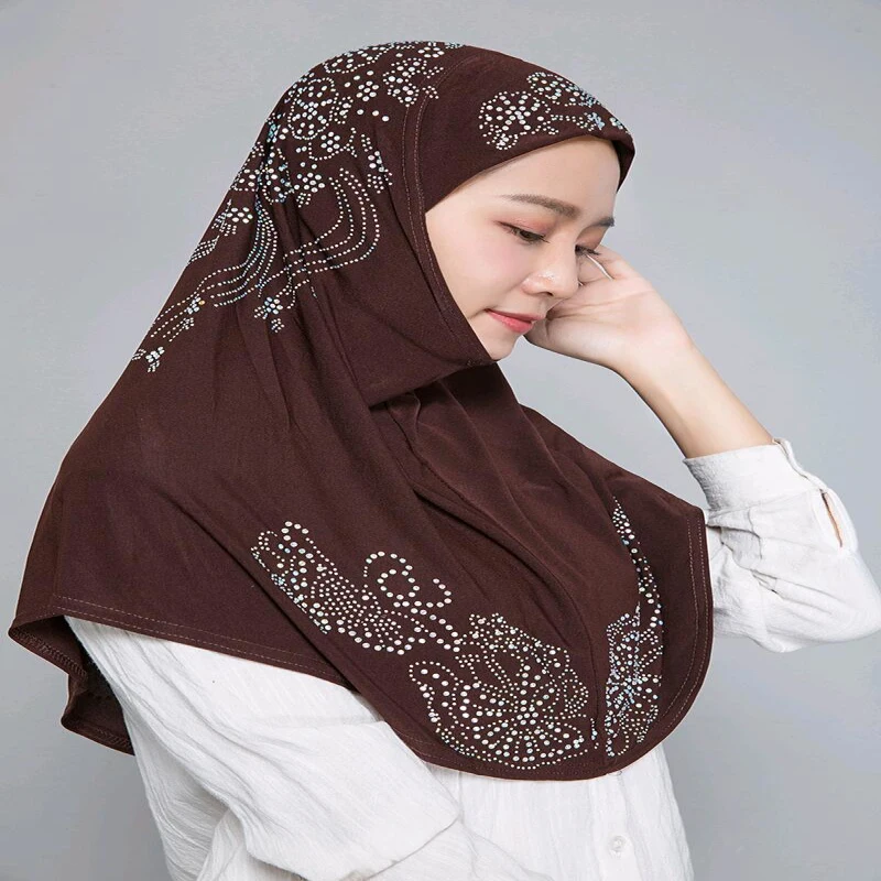 H006 Adults Medium size muslim hijab scarf with rhinestones islamic headscarf hat armia pull on headwrap ramadan gift