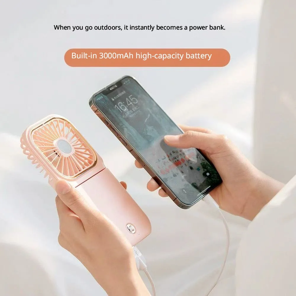 Foldable Handheld Fan with Power Bank, 3000mAh Portable Neck Fan, 180° Adjustable Mini Cooling Fan with Hidden Phone Stand