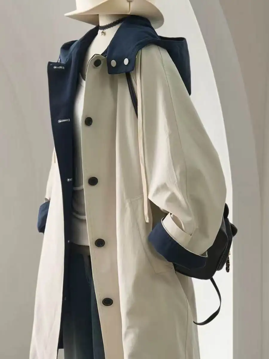 Two-Sided Wearable Hooded Coat Casual Style Women's Fashion Color Block Design Polyester Fiber Long Sleeve Mid-Length Coat