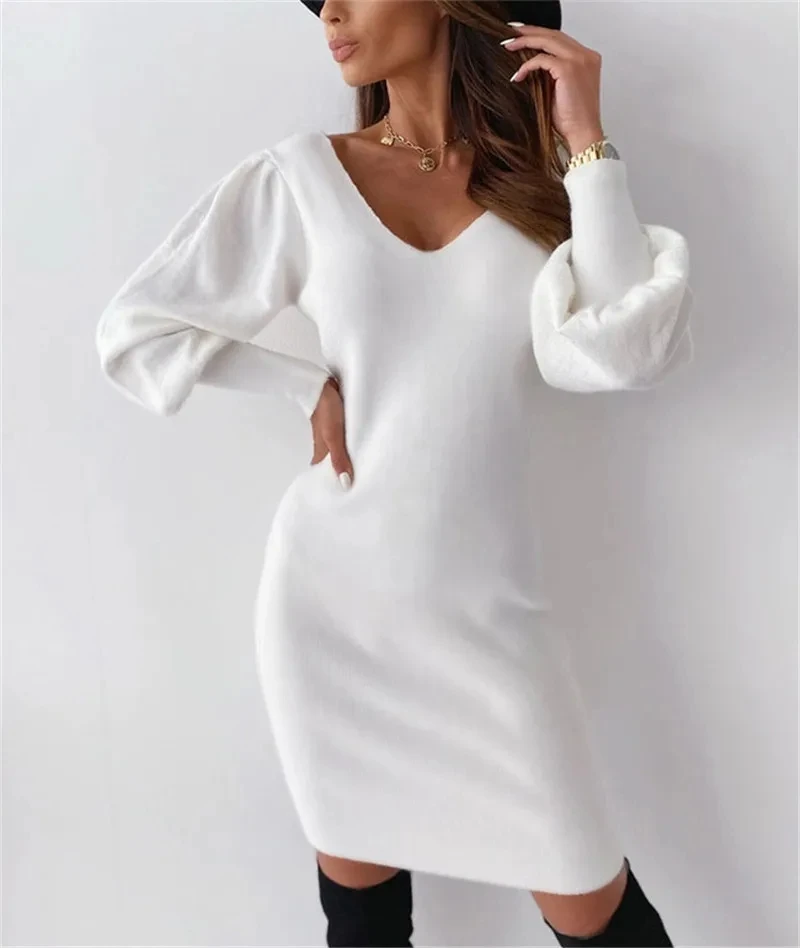 

2025 Summer Women's New Knitted Skinny Sweater Dress Women's Long Sleeve Knitted Pullover Knee Party Style Lace Backless Dress