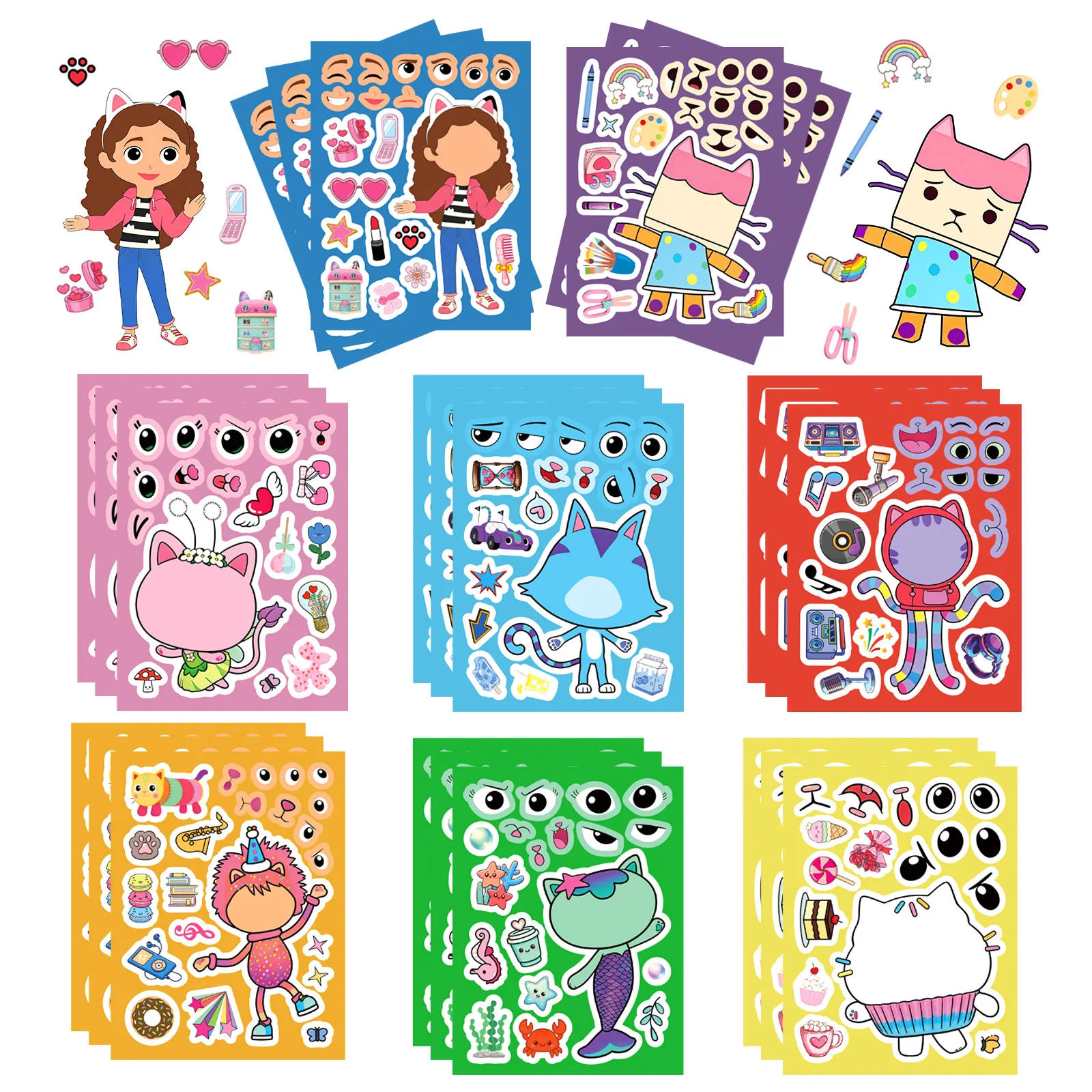 

8/16Sheets Gabby's Dollhouse Make A Face Puzzle Stickers Kids Make Your Own DIY Game Children Cartoon Jigsaw Education Toys Gift