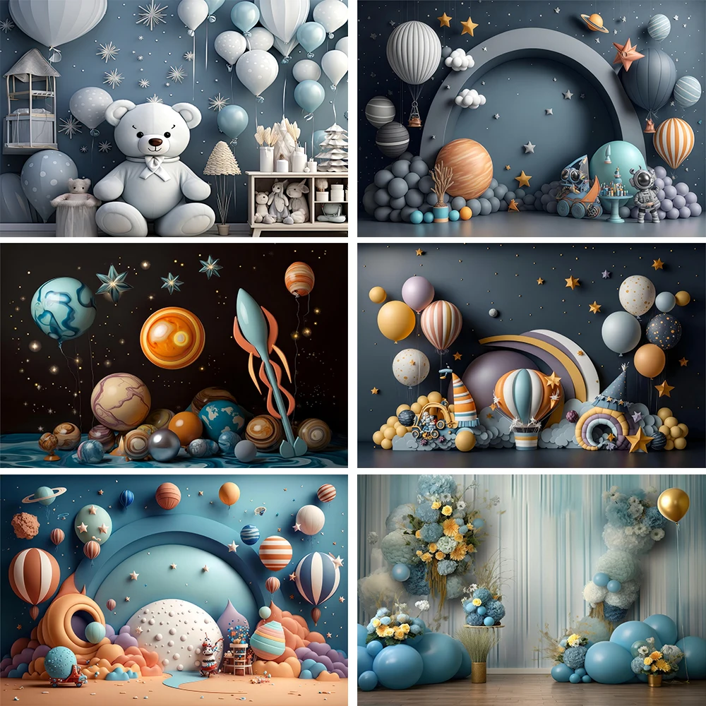 

Newborn Baby Birthday Party Backdrop 3D Astronaut Universe Planet Birthday Cake Smash Decor Kid Portrait Photography Background