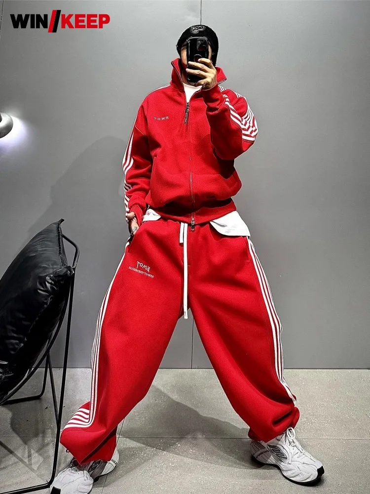 Mens Sports Matching Sets Loose Fit Stand Collar Jacket Wide Leg Pants Two Piece Set Hip Hop Streetwear Striped Sportswear Male